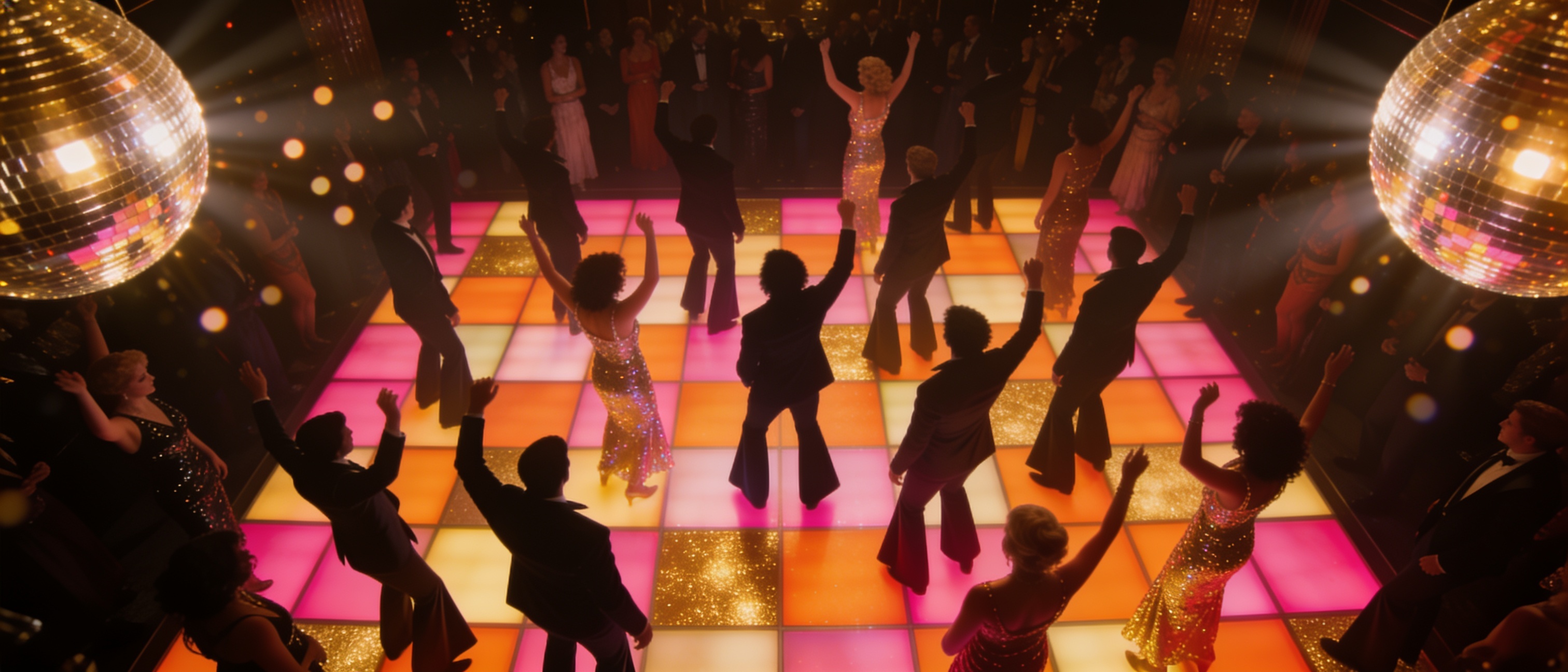 A packed 1970s disco dance floor